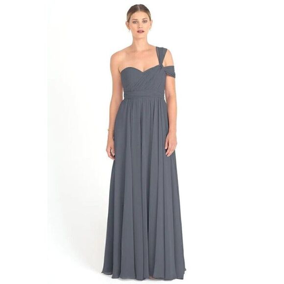 Jenny Yoo Collection Mira Convertible Strapless Silk Gown Slate Blue Womens 10 - Picture 1 of 11